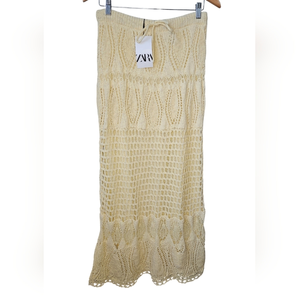 Zara Pale Yellow Crochet Knit Maxi Skirt Boho High Waisted Cream NWT Large - Picture 3 of 12